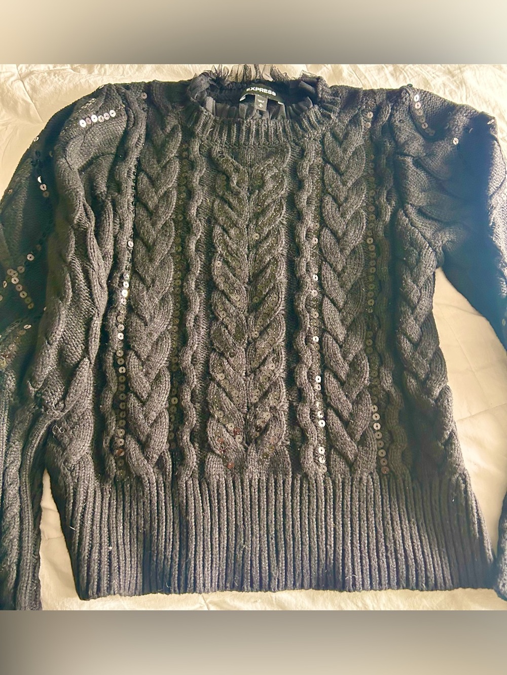 Express Black Cable-Knit Sequin Crewneck Sweater
